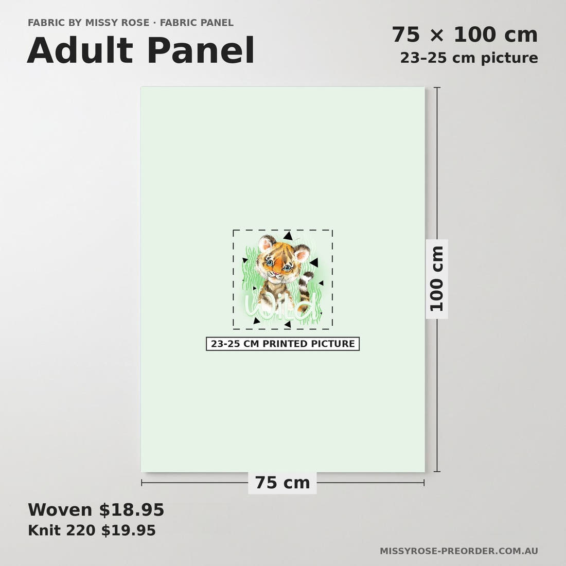 Design 839 Green Tiger Panel adult panel sizing – 23–25 cm printed picture on 75 × 100 cm fabric | Fabric by Missy Rose