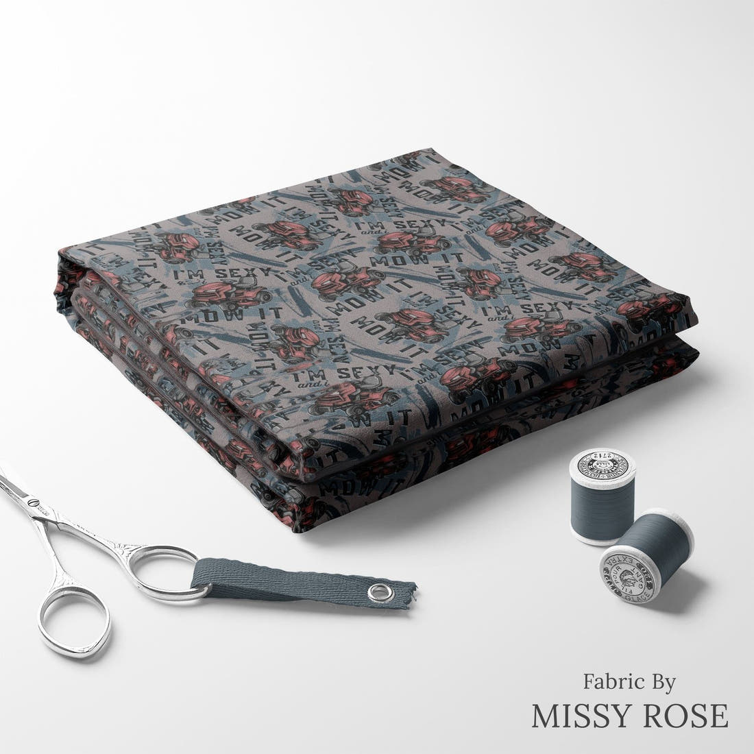 Design 84 Mower Fabric folded fabric stack with matching thread – pre-order fabric Australia | Fabric by Missy Rose