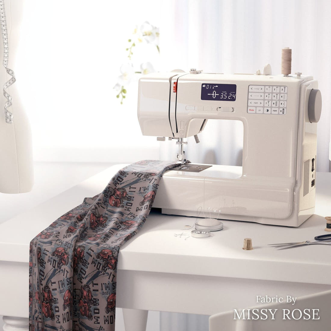 Design 84 Mower Fabric on a sewing machine – premium fabric for sewing projects | Fabric by Missy Rose