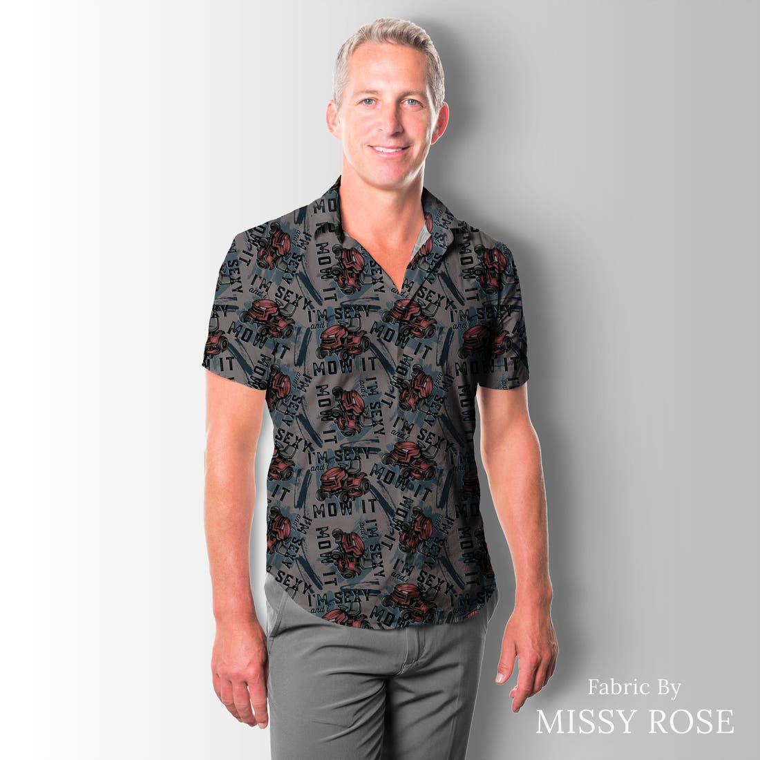 Design 84 Mower Fabric sewn into a men's shirt – see how the print looks made up | Fabric by Missy Rose