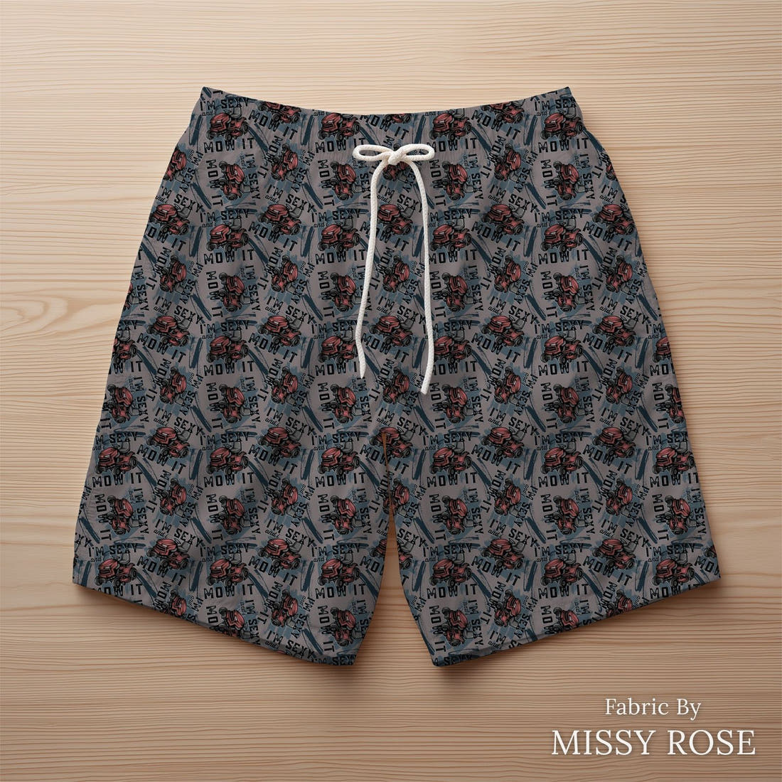 Design 84 Mower Fabric sewn into swim shorts – see how the print looks made up | Fabric by Missy Rose