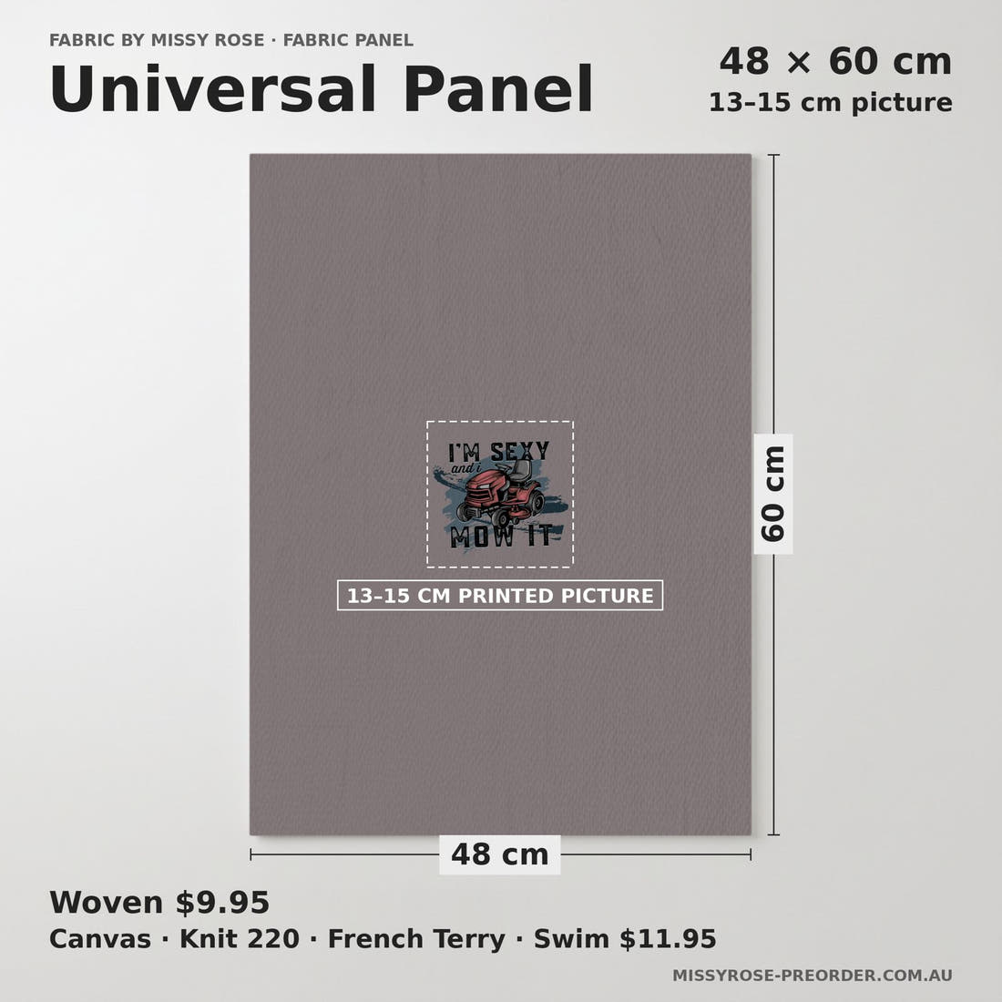 Design 84 Mower Panel universal panel sizing – 13–15 cm printed picture on 48 × 60 cm fabric | Fabric by Missy Rose