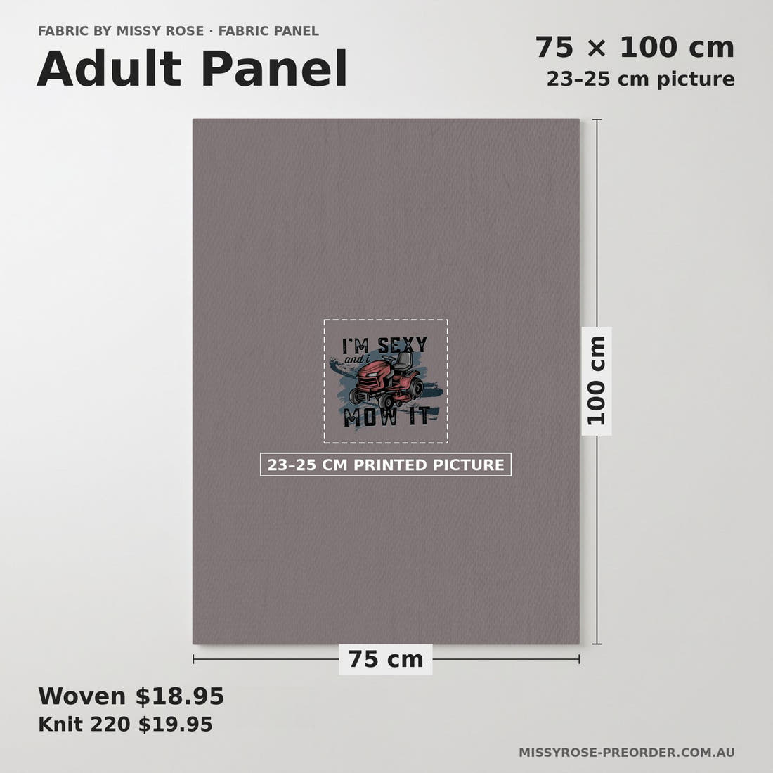Design 84 Mower Panel adult panel sizing – 23–25 cm printed picture on 75 × 100 cm fabric | Fabric by Missy Rose