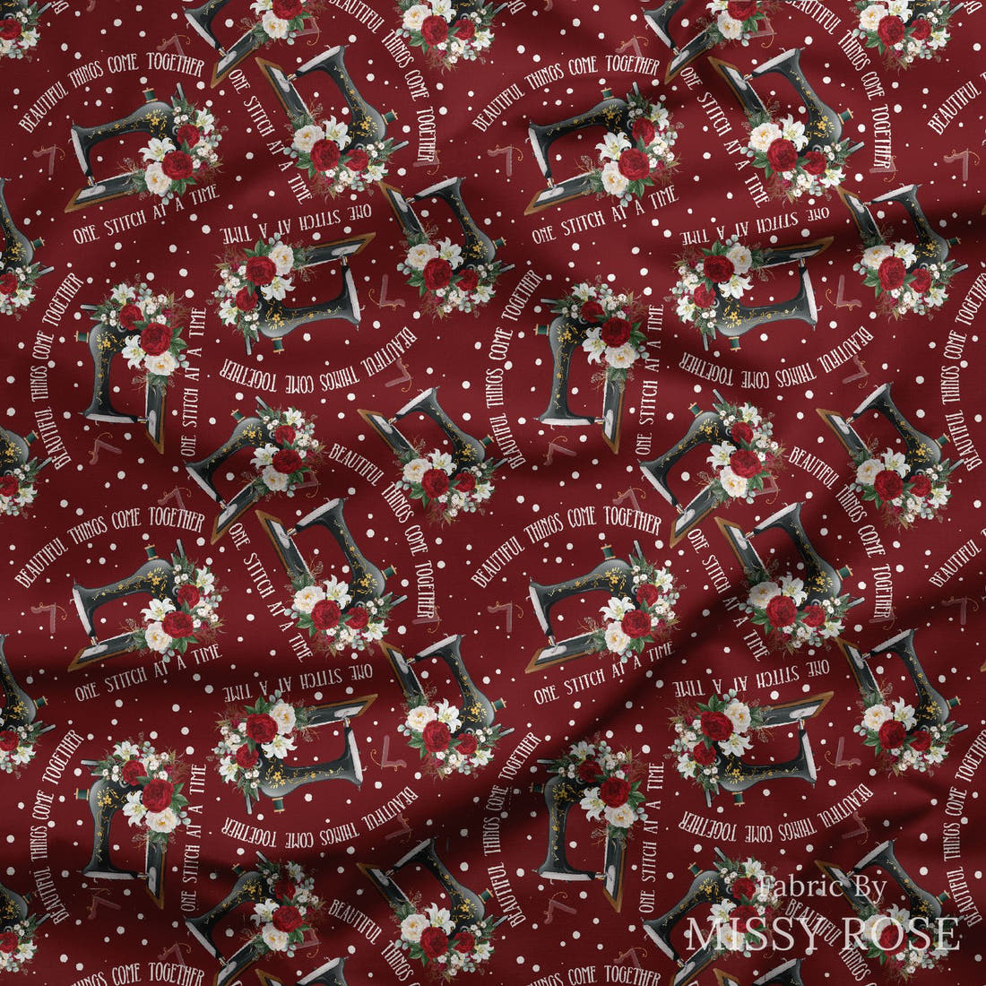 Design 840 Red Sewing Fabric draped fabric mockup – custom printed fabric by the metre | Fabric by Missy Rose