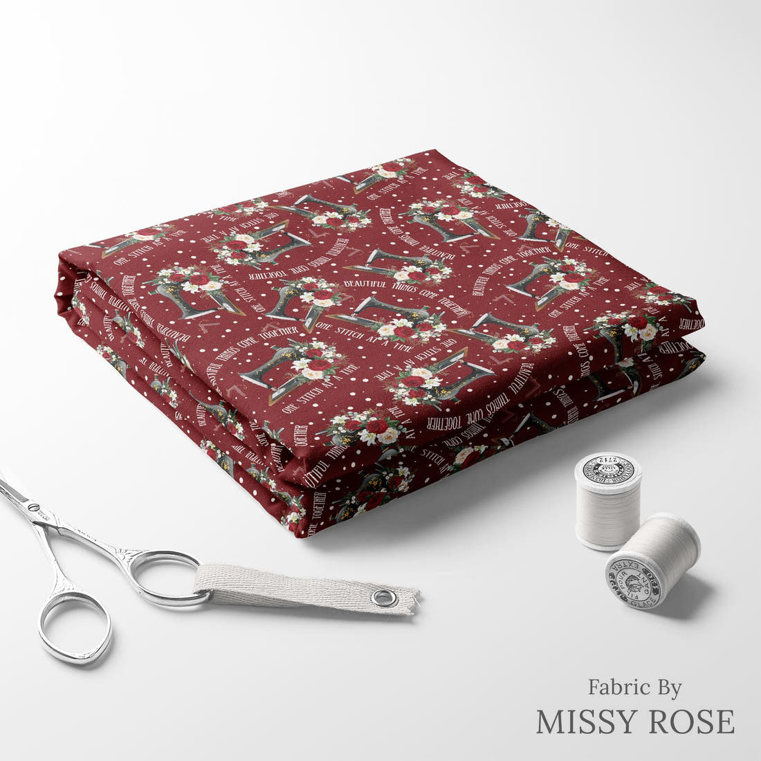 Design 840 Red Sewing Fabric folded fabric stack with matching thread – pre-order fabric Australia | Fabric by Missy Rose