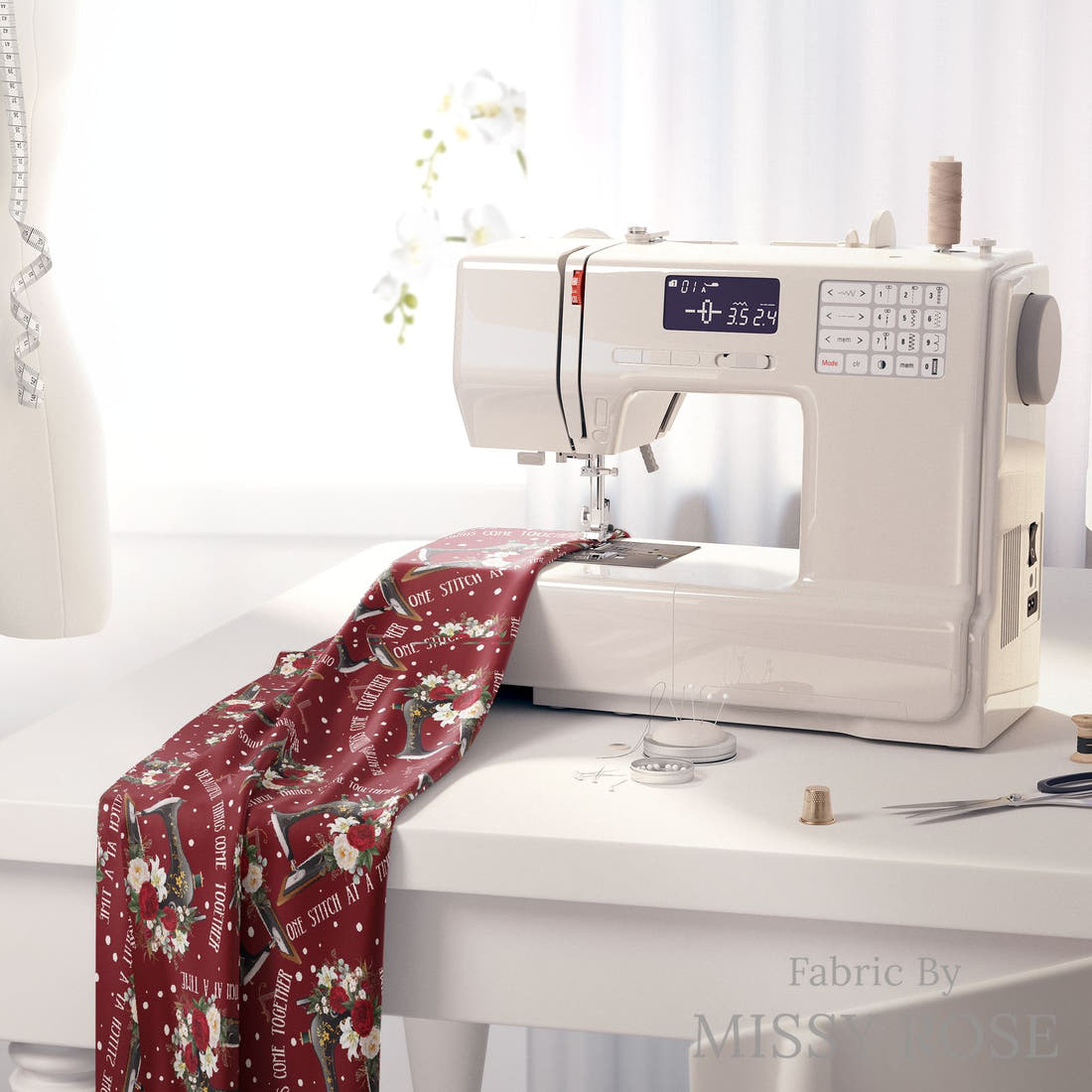 Design 840 Red Sewing Fabric on a sewing machine – premium fabric for sewing projects | Fabric by Missy Rose