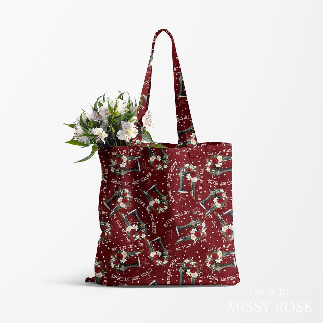 Design 840 Red Sewing Fabric made up as a tote bag – see how the print looks made up | Fabric by Missy Rose