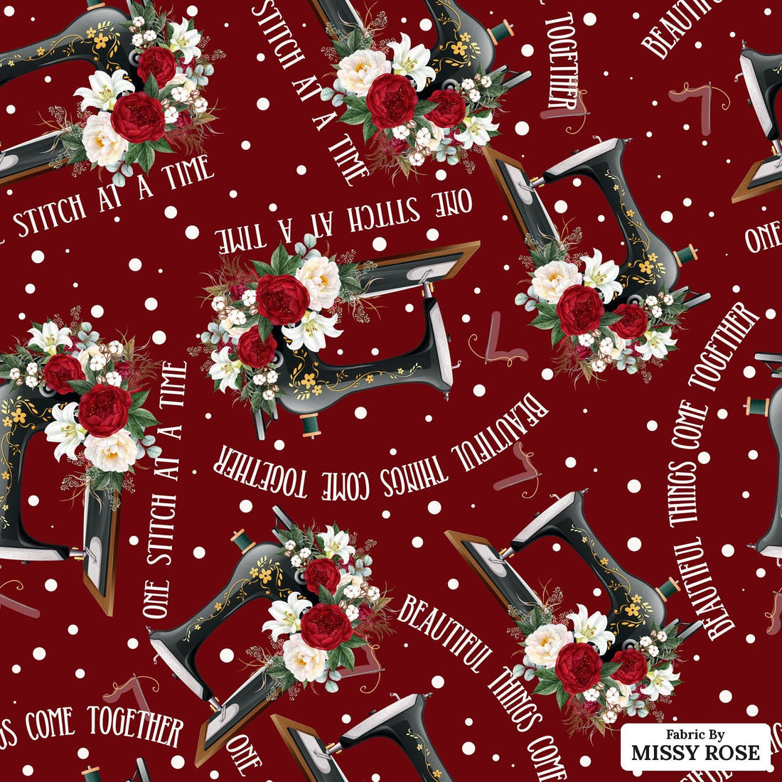 Design 840 Red Sewing Fabric - flat view of the print, zoom in for detail | Fabric by Missy Rose