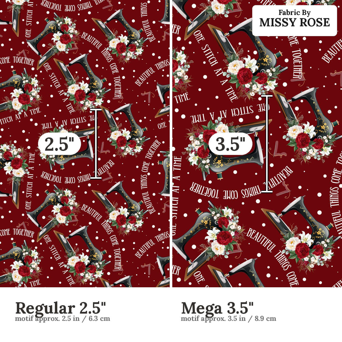 Design 840 Red Sewing Fabric size comparison - print scale | Fabric by Missy Rose