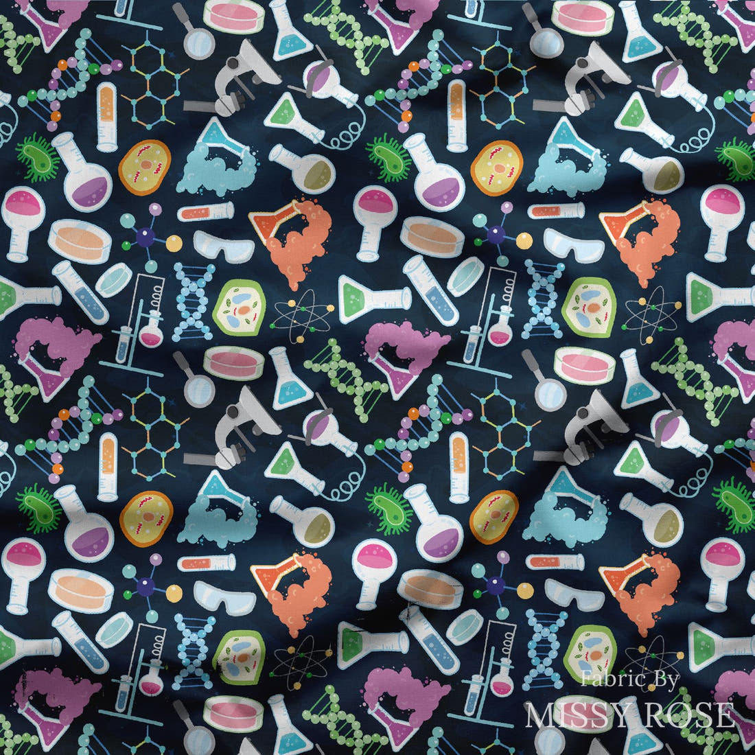 Design 841 Chemistry Fabric draped fabric mockup – custom printed fabric by the metre | Fabric by Missy Rose