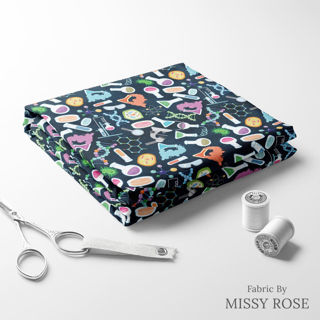 Design 841 Chemistry Fabric folded fabric stack with matching thread – pre-order fabric Australia | Fabric by Missy Rose