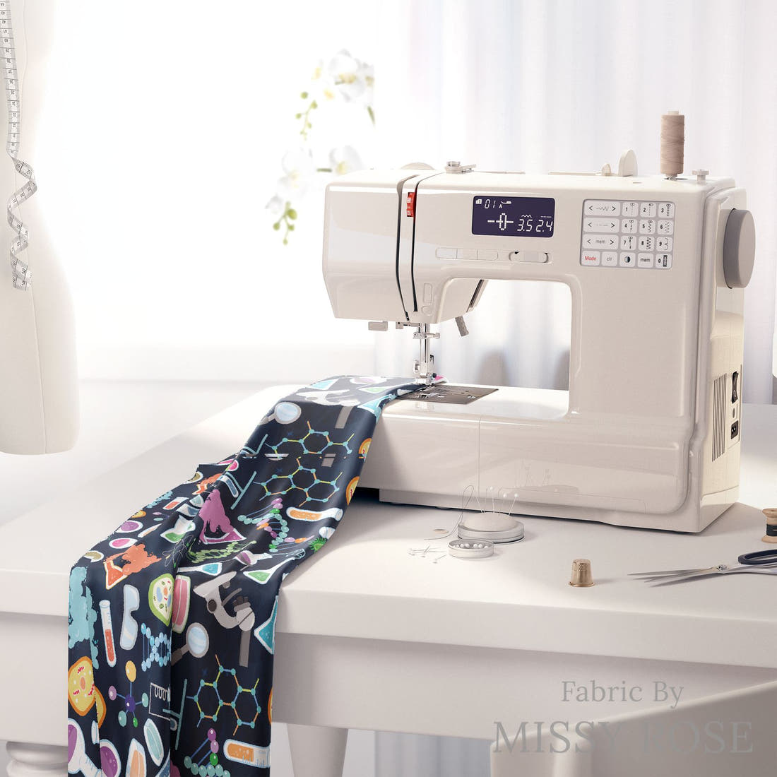 Design 841 Chemistry Fabric on a sewing machine – premium fabric for sewing projects | Fabric by Missy Rose