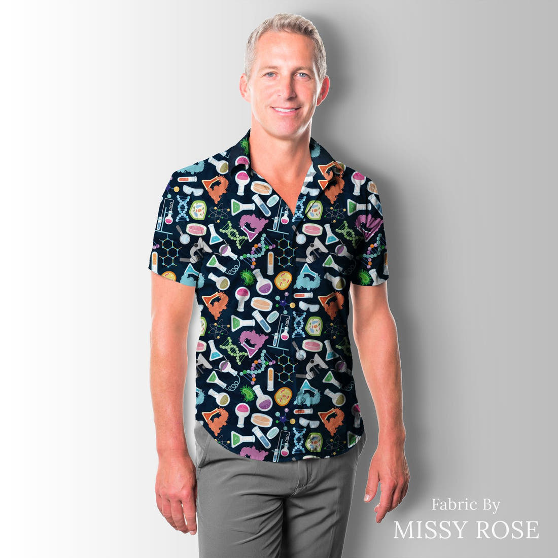Design 841 Chemistry Fabric sewn into a men's shirt – see how the print looks made up | Fabric by Missy Rose