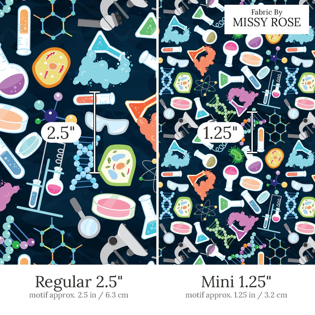Design 841 Chemistry Fabric Regular 2.5 inch vs Mini 1.25 inch print scale side by side | Fabric by Missy Rose