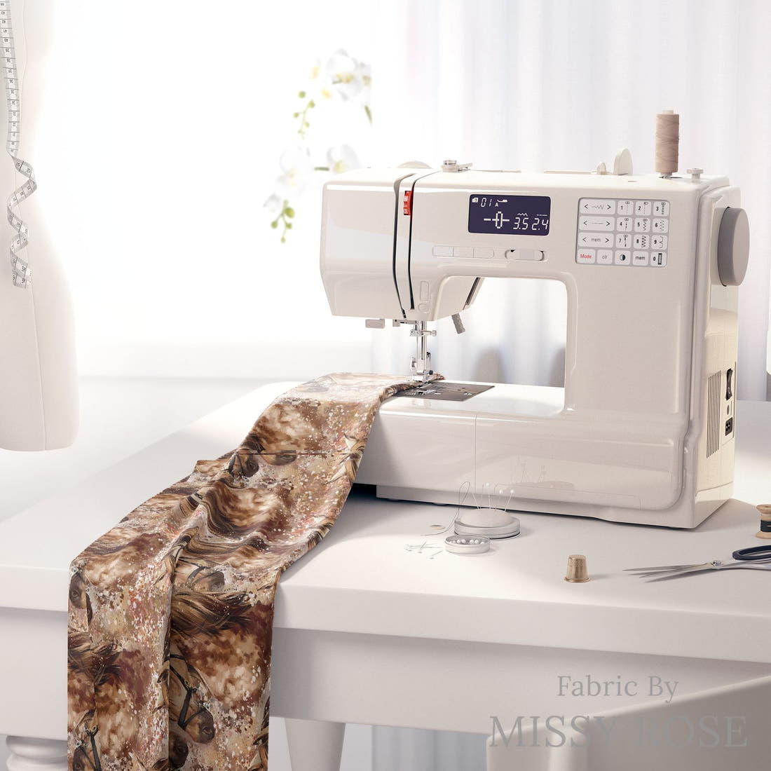 Design 843 Brown Horse Fabric on a sewing machine – premium fabric for sewing projects | Fabric by Missy Rose