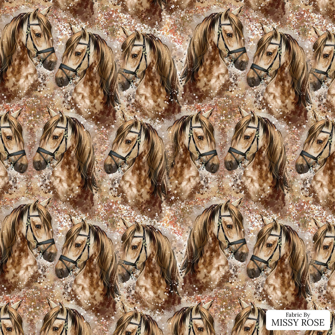 Design 843 Brown Horse Fabric - flat view of the print, zoom in for detail | Fabric by Missy Rose