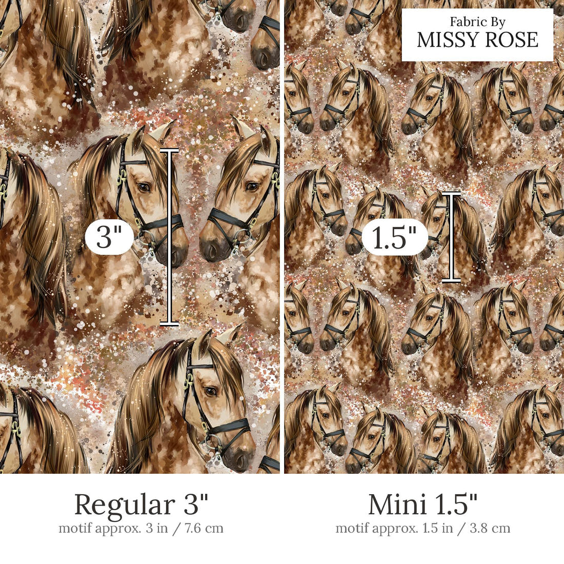 Design 843 Brown Horse Fabric Regular 3 inch vs Mini 1.5 inch print scale side by side | Fabric by Missy Rose