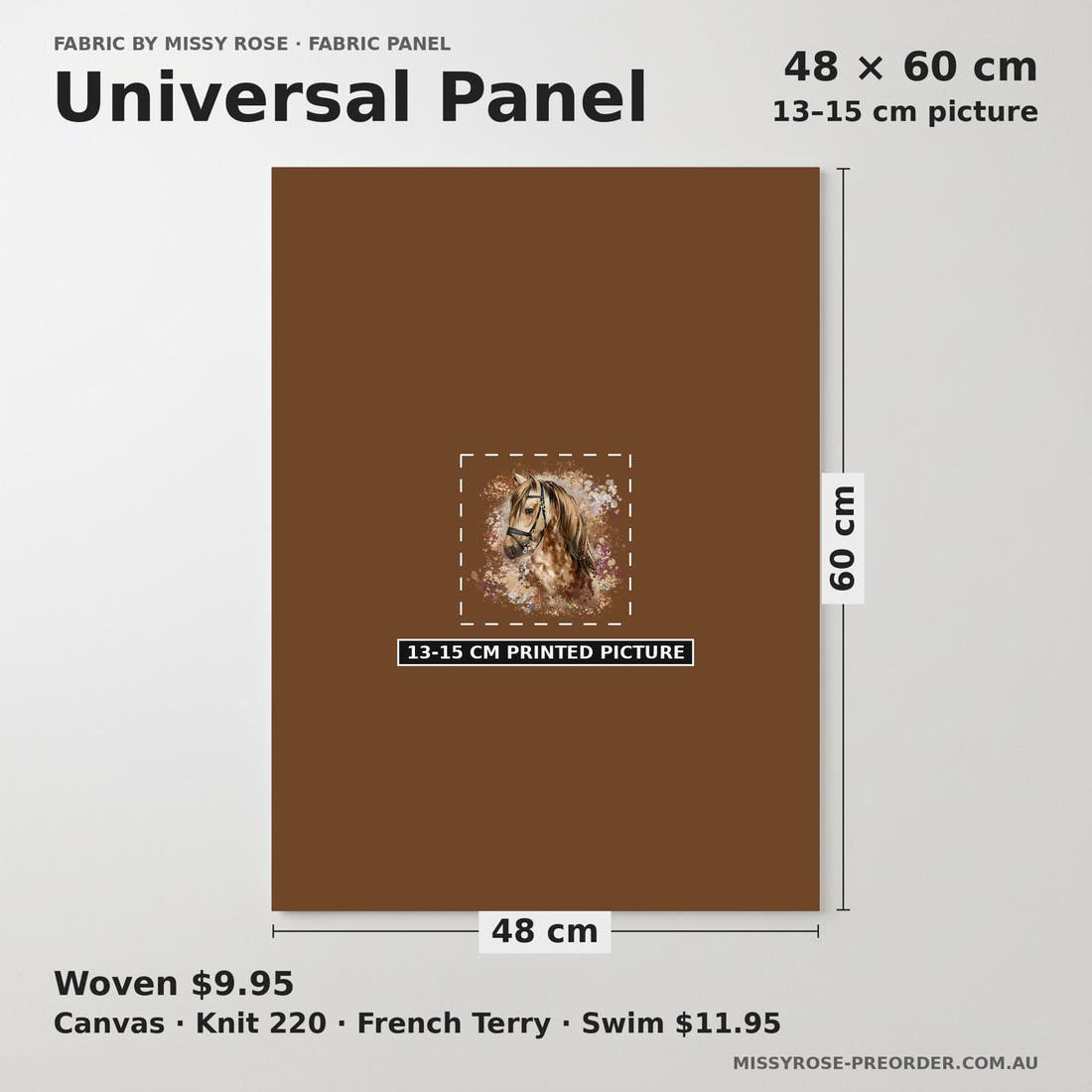 Design 843 Brown Horse Panel universal panel sizing – 13–15 cm printed picture on 48 × 60 cm fabric | Fabric by Missy Rose