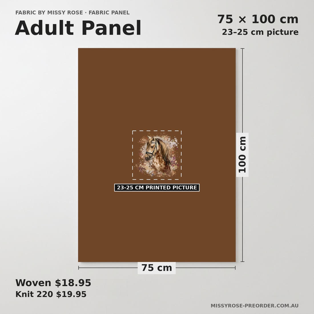 Design 843 Brown Horse Panel adult panel sizing – 23–25 cm printed picture on 75 × 100 cm fabric | Fabric by Missy Rose