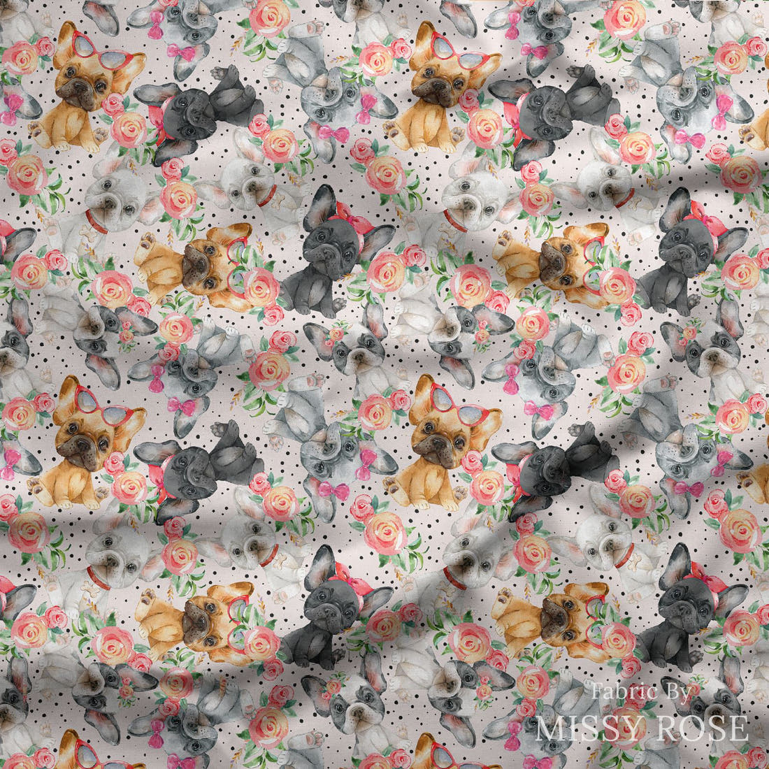 Design 844 French Bulldog Fabric draped fabric mockup – custom printed fabric by the metre | Fabric by Missy Rose