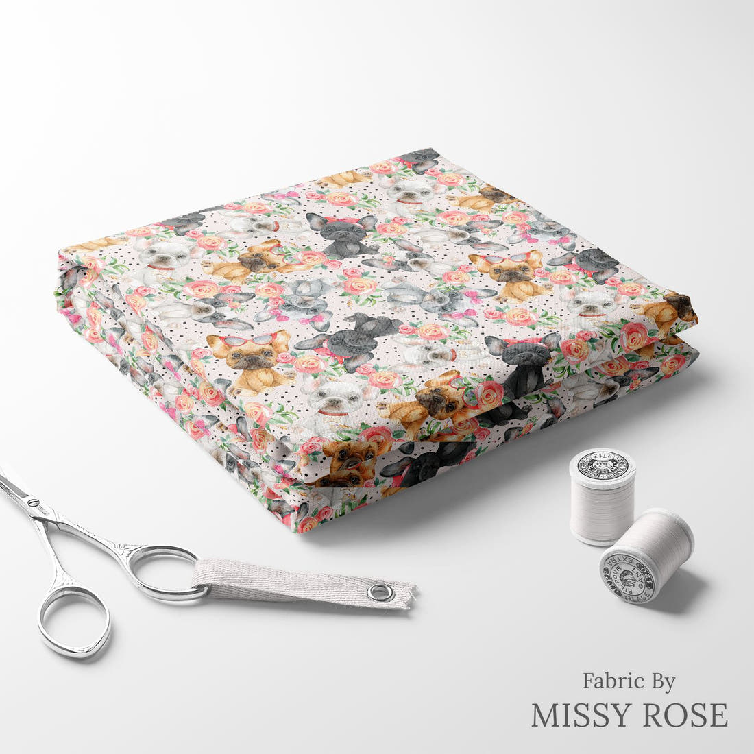 Design 844 French Bulldog Fabric folded fabric stack with matching thread – pre-order fabric Australia | Fabric by Missy Rose