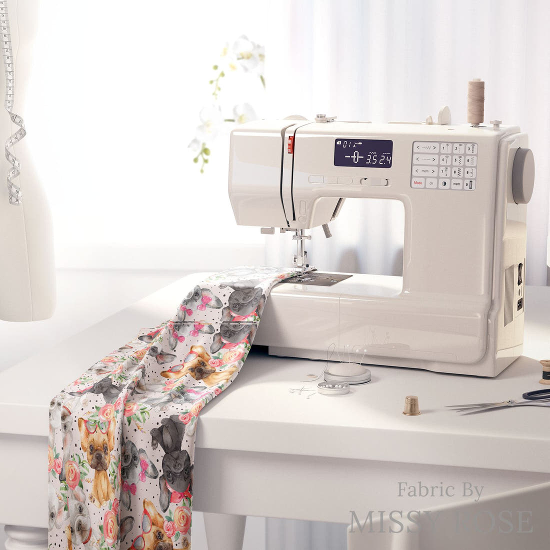 Design 844 French Bulldog Fabric on a sewing machine – premium fabric for sewing projects | Fabric by Missy Rose