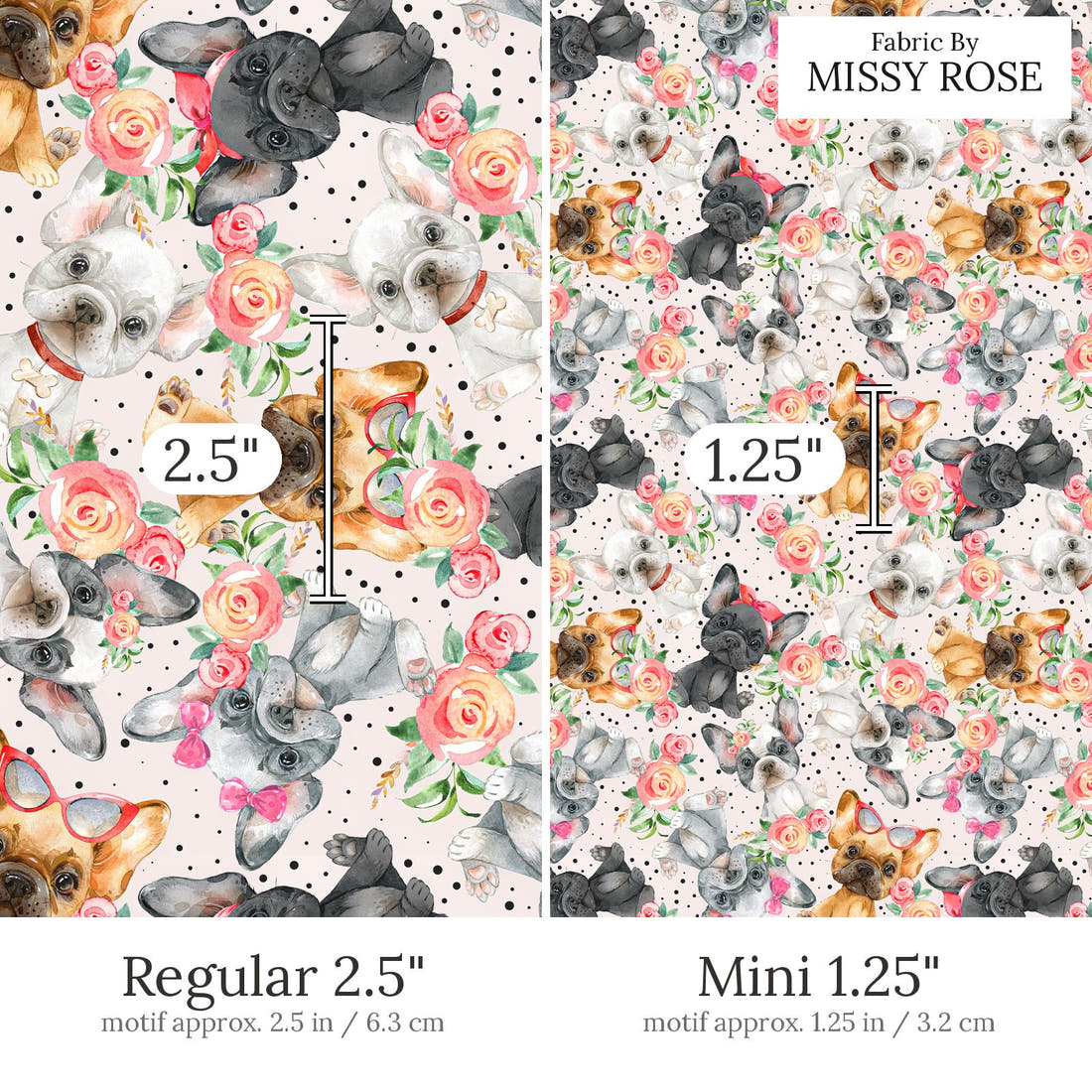 Design 844 French Bulldog Fabric Regular 2.5 inch vs Mini 1.25 inch print scale side by side | Fabric by Missy Rose