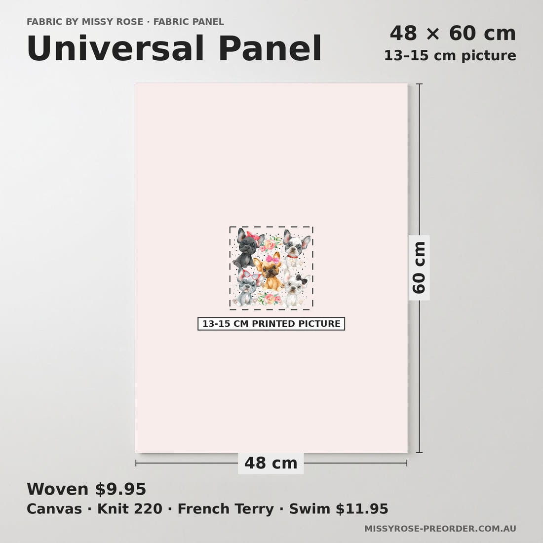 Design 844 French Bulldog Panel universal panel sizing – 13–15 cm printed picture on 48 × 60 cm fabric | Fabric by Missy Rose