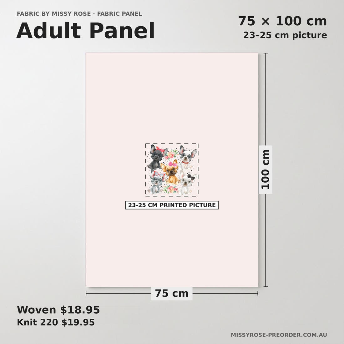 Design 844 French Bulldog Panel adult panel sizing – 23–25 cm printed picture on 75 × 100 cm fabric | Fabric by Missy Rose