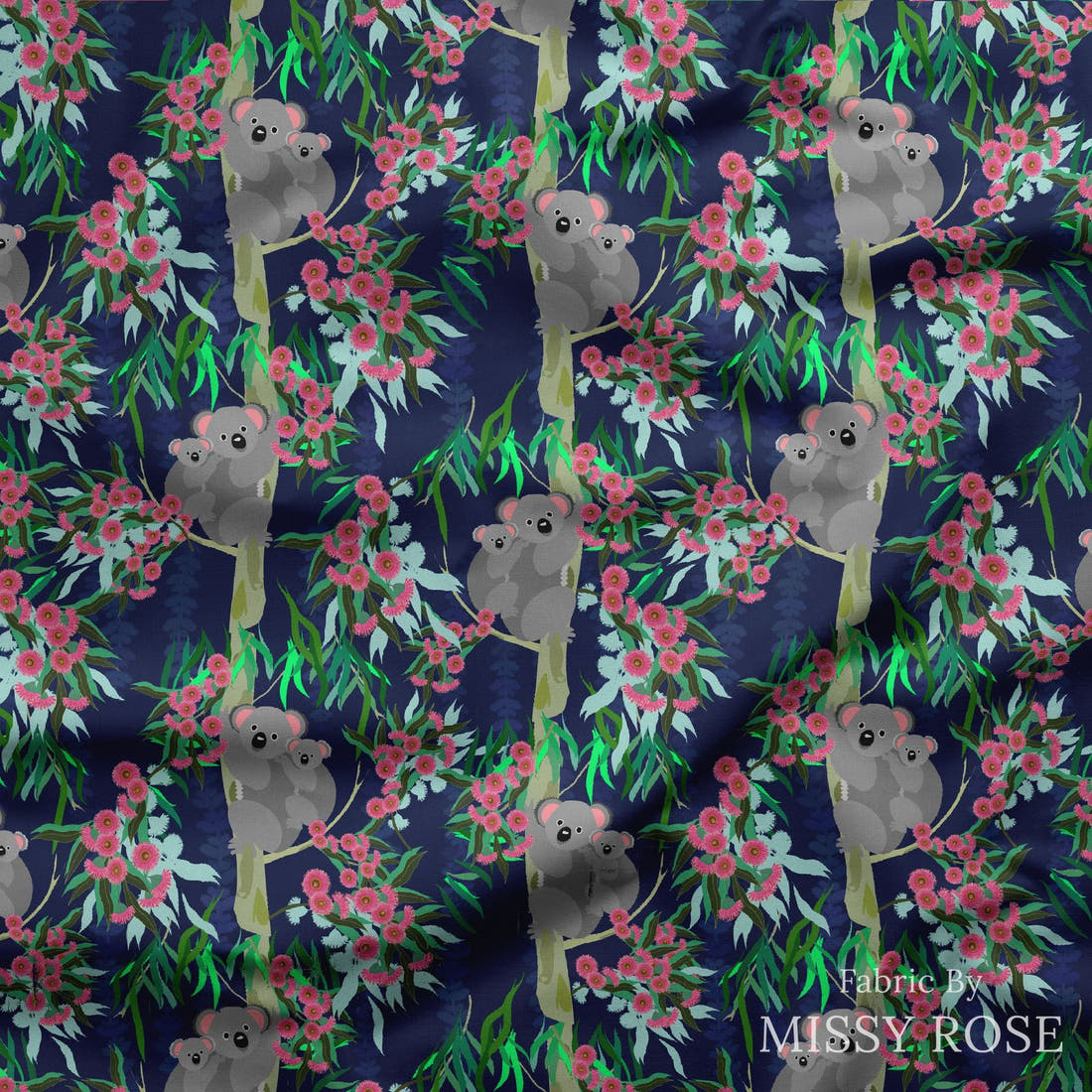 Design 845 Navy Koala Fabric draped fabric mockup – custom printed fabric by the metre | Fabric by Missy Rose