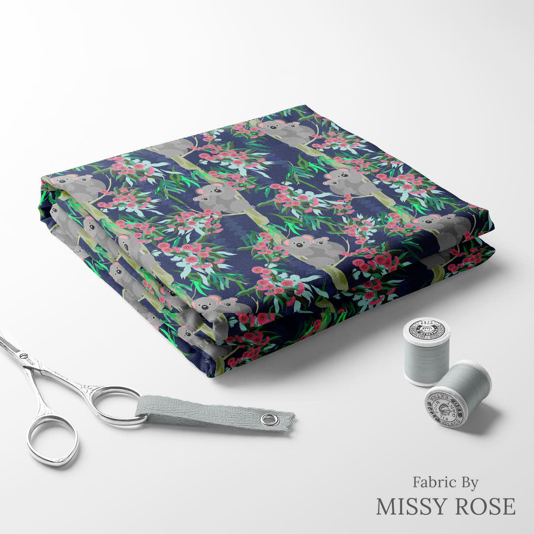 Design 845 Navy Koala Fabric folded fabric stack with matching thread – pre-order fabric Australia | Fabric by Missy Rose