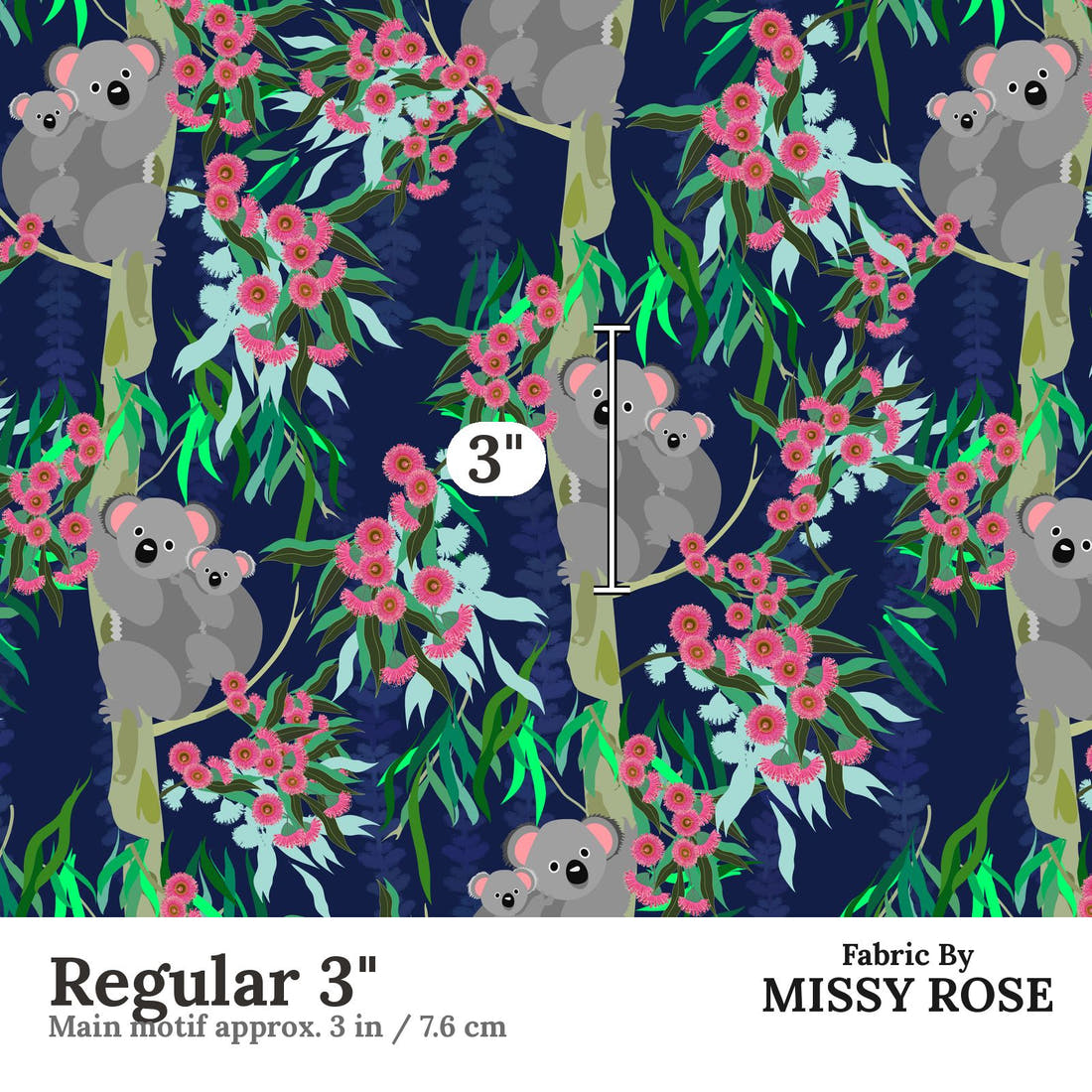 Design 845 Navy Koala Fabric Regular 3" - print scale | Fabric by Missy Rose