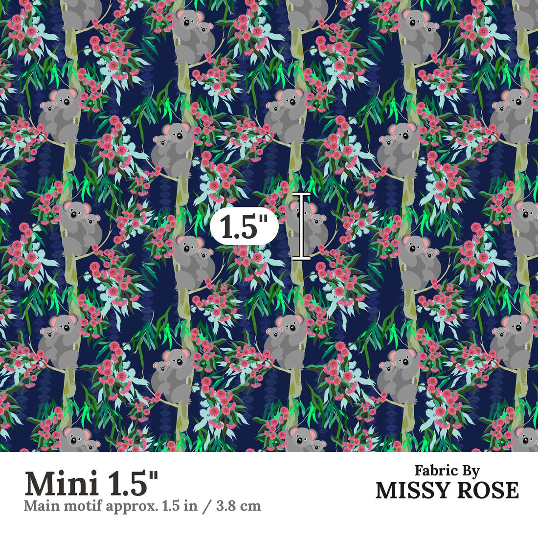 Design 845 Navy Koala Fabric Mini 1.5" - print scale | Fabric by Missy Rose