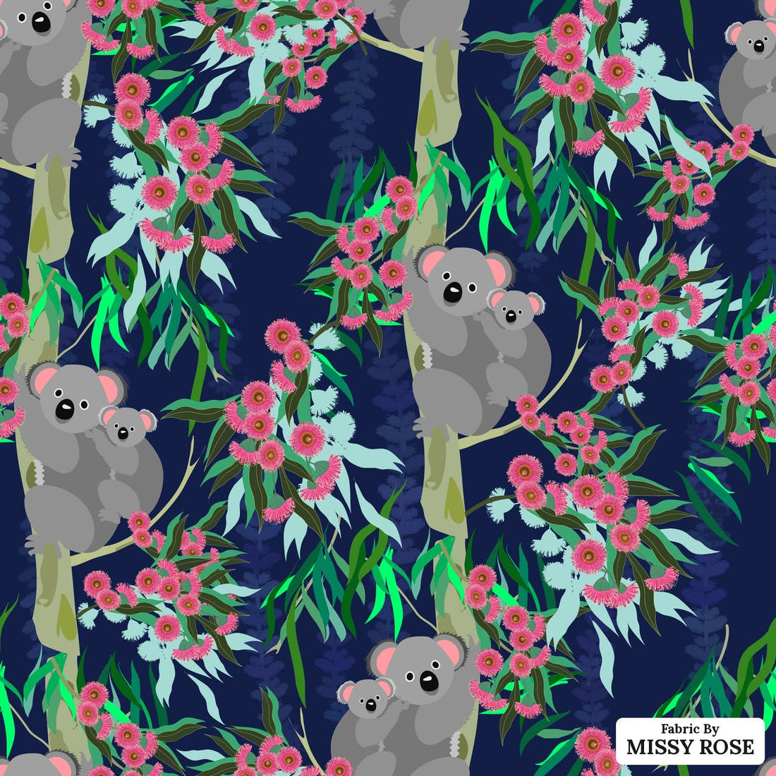 Design 845 Navy Koala Fabric - flat view of the print, zoom in for detail | Fabric by Missy Rose