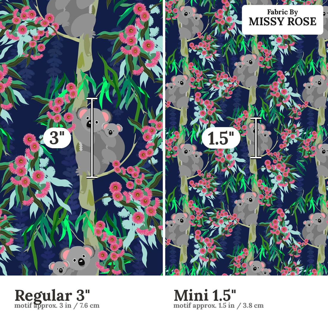 Design 845 Navy Koala Fabric size comparison - print scale | Fabric by Missy Rose