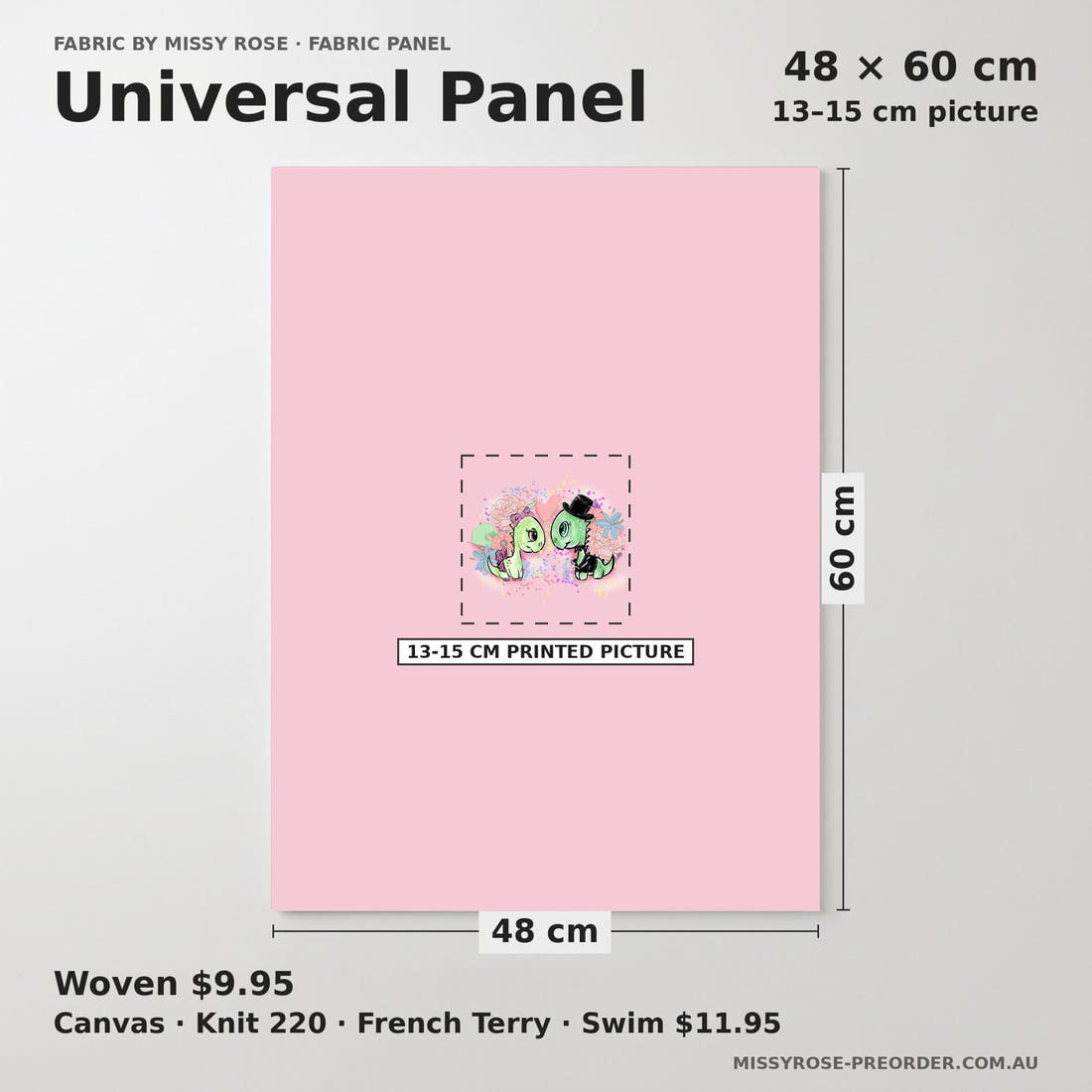 Design 846 Valentines Dinosaur Panel universal panel sizing – 13–15 cm printed picture on 48 × 60 cm fabric | Fabric by Missy Rose