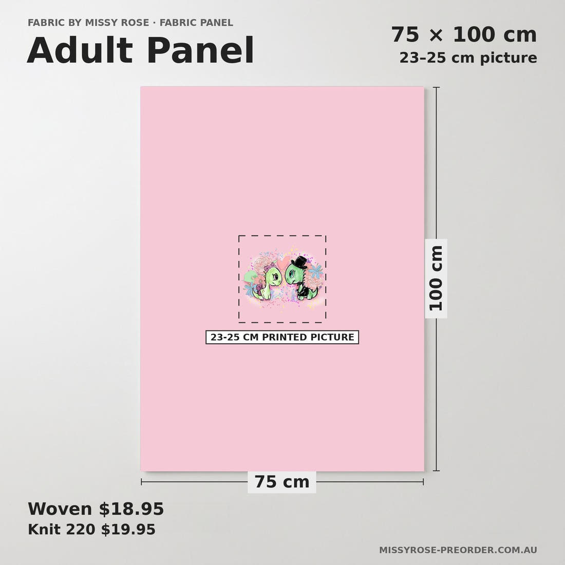 Design 846 Valentines Dinosaur Panel adult panel sizing – 23–25 cm printed picture on 75 × 100 cm fabric | Fabric by Missy Rose