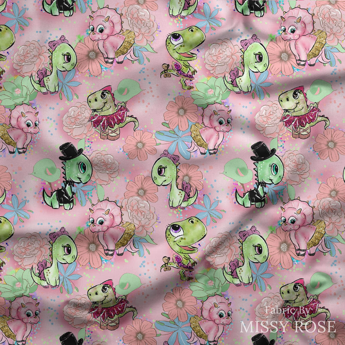 Design 846 Valentines Dinosaur Fabric draped fabric mockup – custom printed fabric by the metre | Fabric by Missy Rose