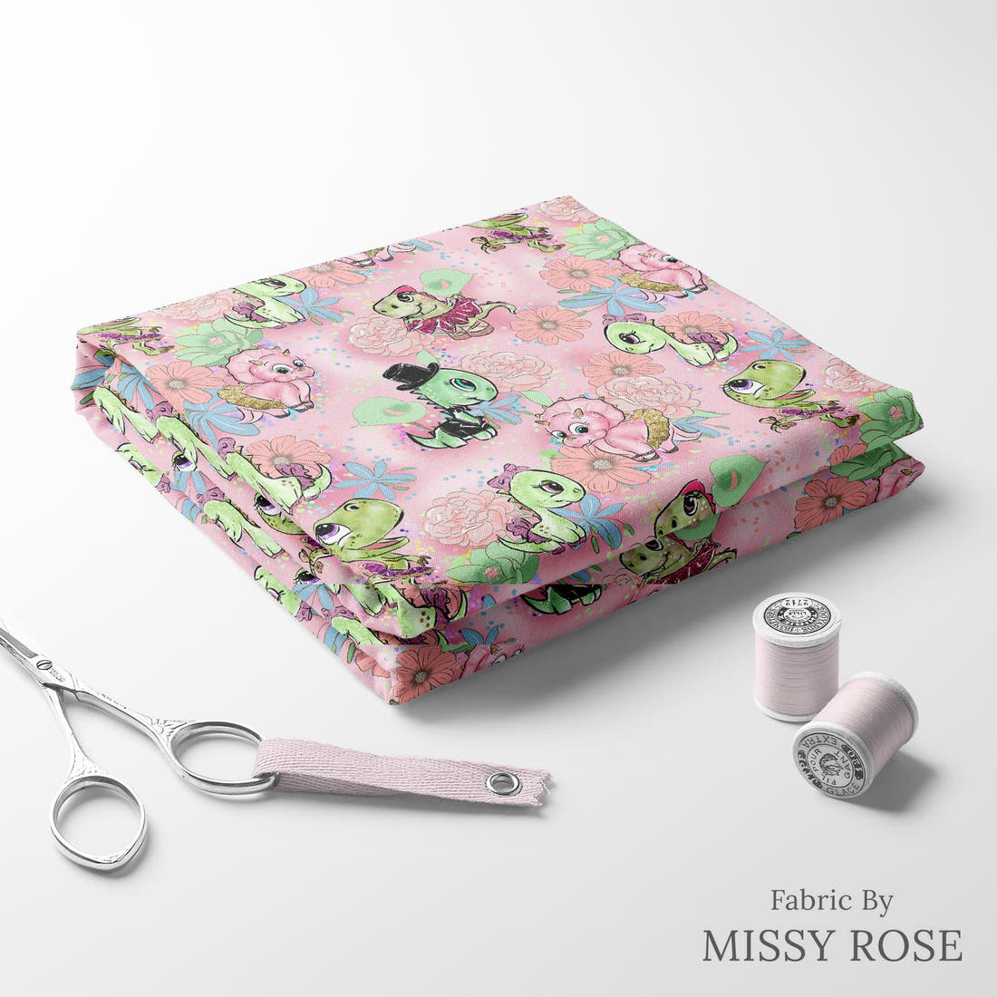 Design 846 Valentines Dinosaur Fabric folded fabric stack with matching thread – pre-order fabric Australia | Fabric by Missy Rose