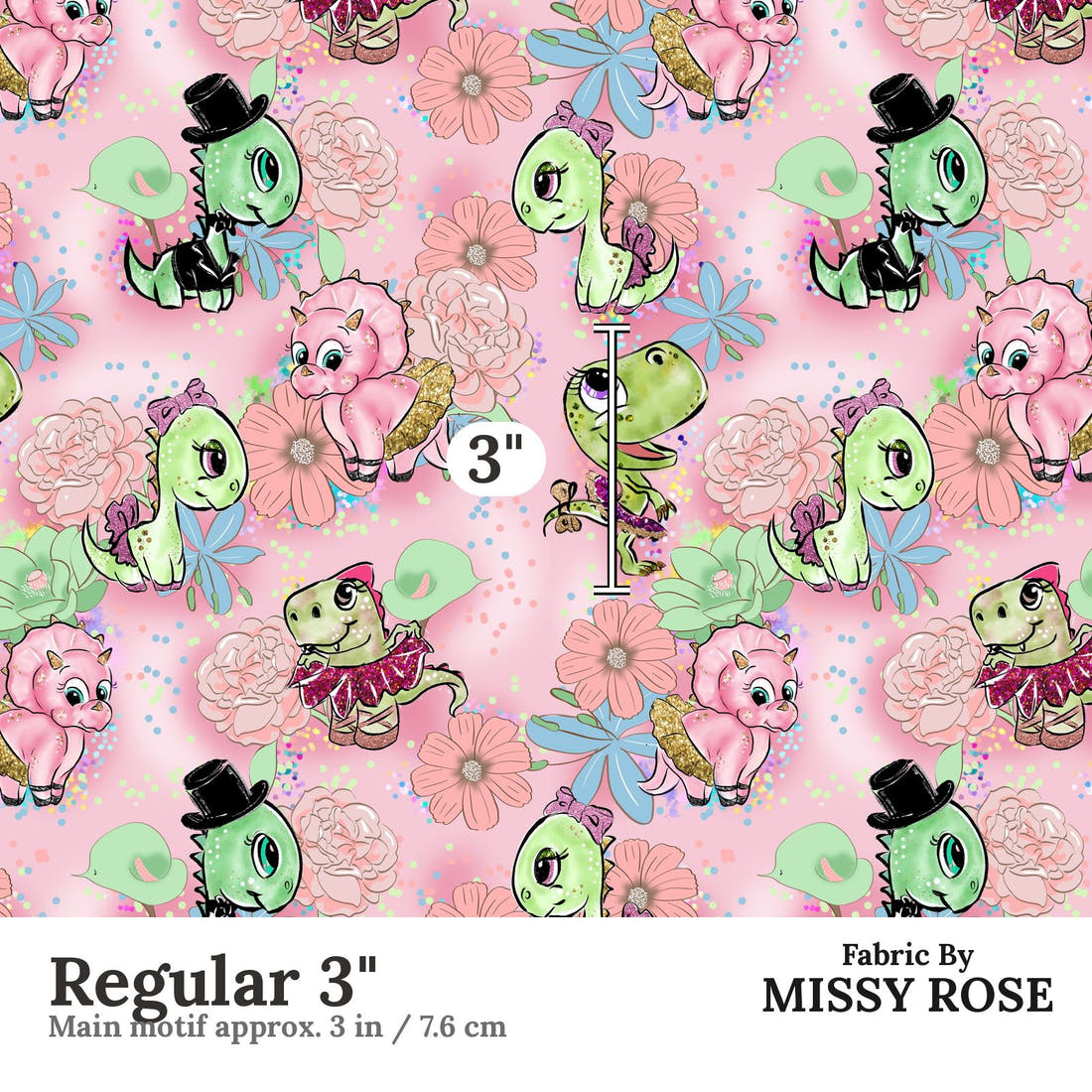 Design 846 Valentines Dinosaur Fabric Regular 3" - print scale | Fabric by Missy Rose