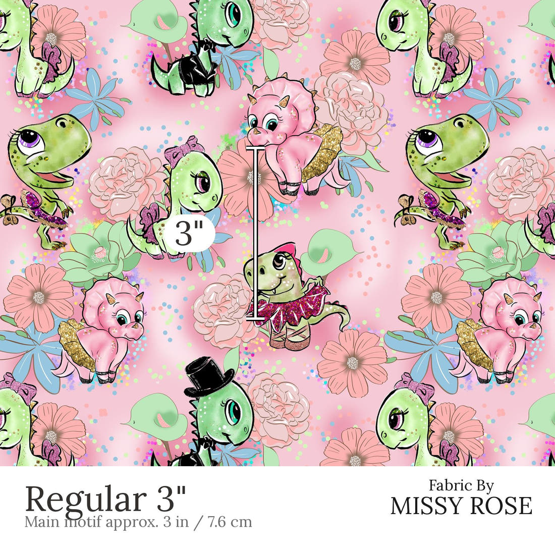 Design 846 Valentines Dinosaur Fabric Regular 3 inch print scale guide | Fabric by Missy Rose