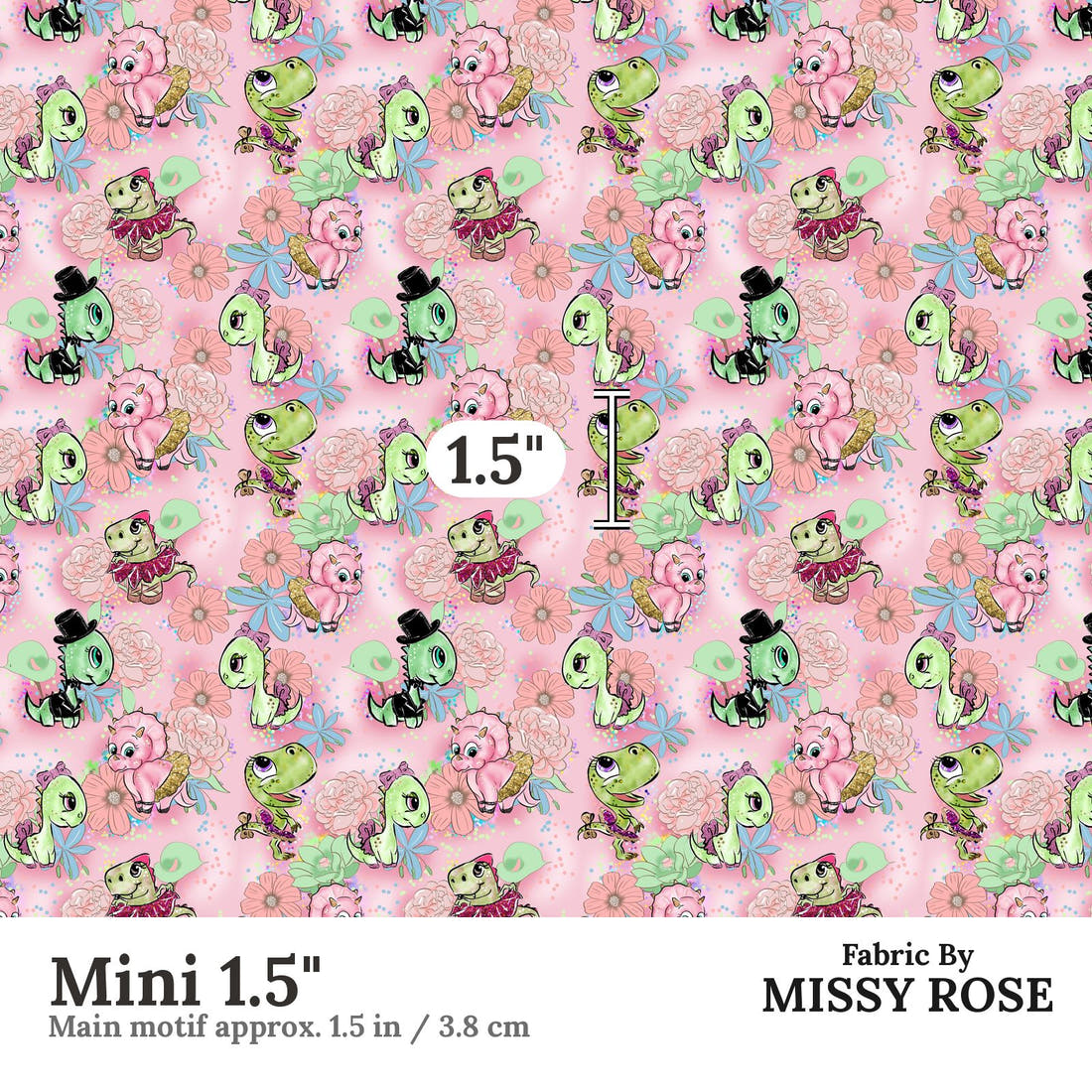 Design 846 Valentines Dinosaur Fabric Mini 1.5" - print scale | Fabric by Missy Rose