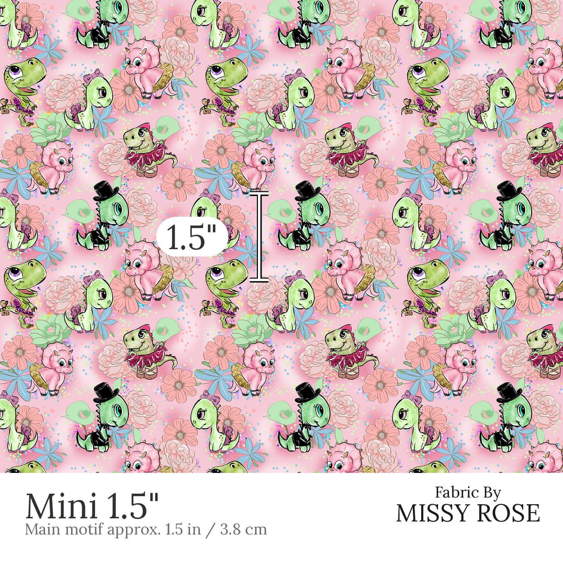 Design 846 Valentines Dinosaur Fabric Mini 1.5 inch print scale guide | Fabric by Missy Rose