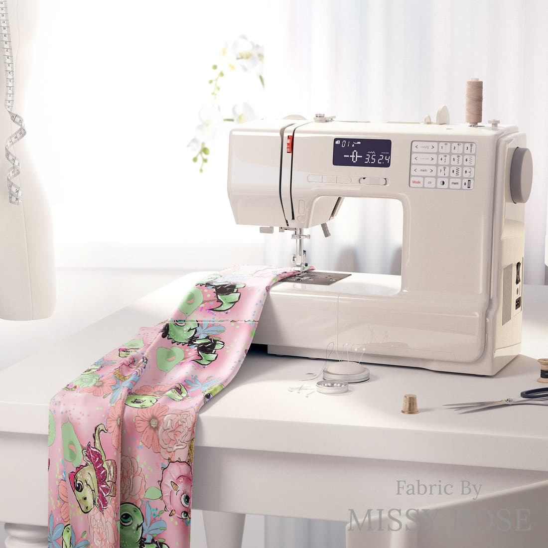 Design 846 Valentines Dinosaur Fabric on a sewing machine – premium fabric for sewing projects | Fabric by Missy Rose