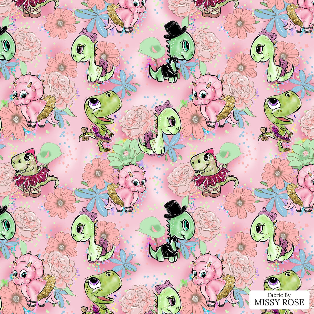Design 846 Valentines Dinosaur Fabric - flat view of the print, zoom in for detail | Fabric by Missy Rose