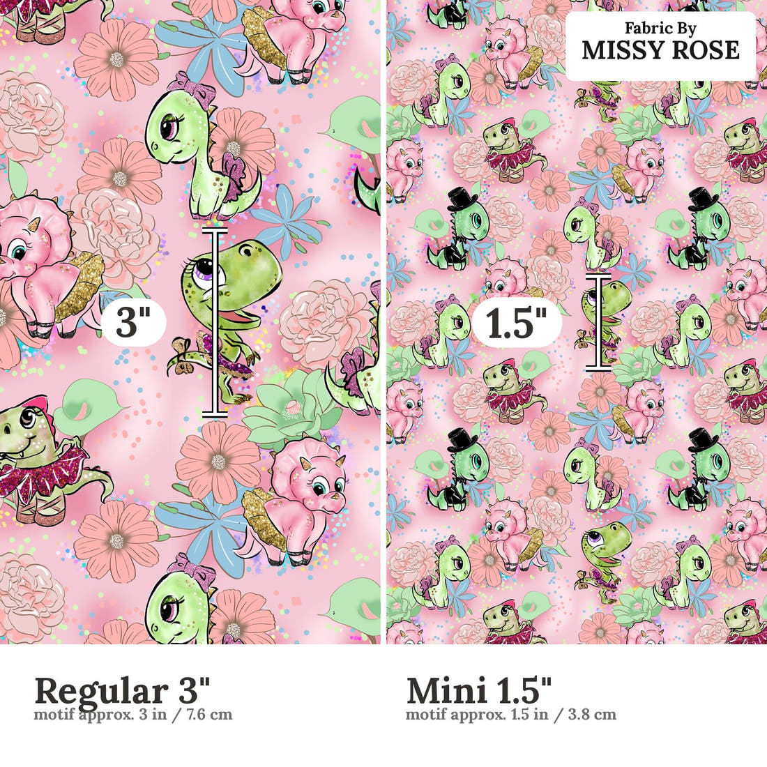 Design 846 Valentines Dinosaur Fabric size comparison - print scale | Fabric by Missy Rose