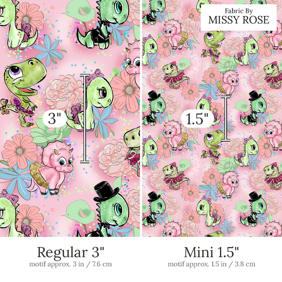Design 846 Valentines Dinosaur Fabric Regular 3 inch vs Mini 1.5 inch print scale side by side | Fabric by Missy Rose