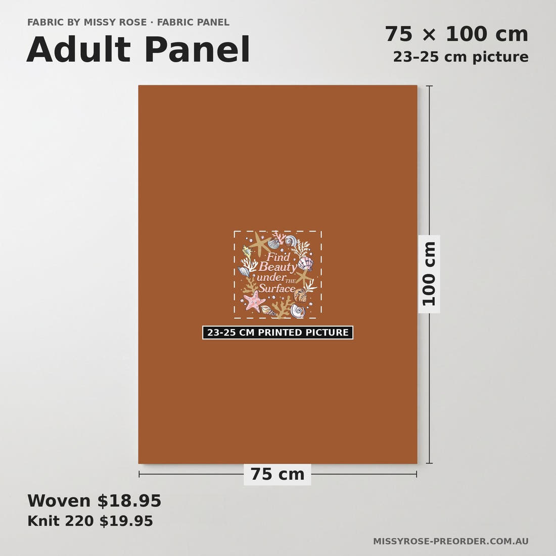 Design 847 Shells Panel adult panel sizing – 23–25 cm printed picture on 75 × 100 cm fabric | Fabric by Missy Rose