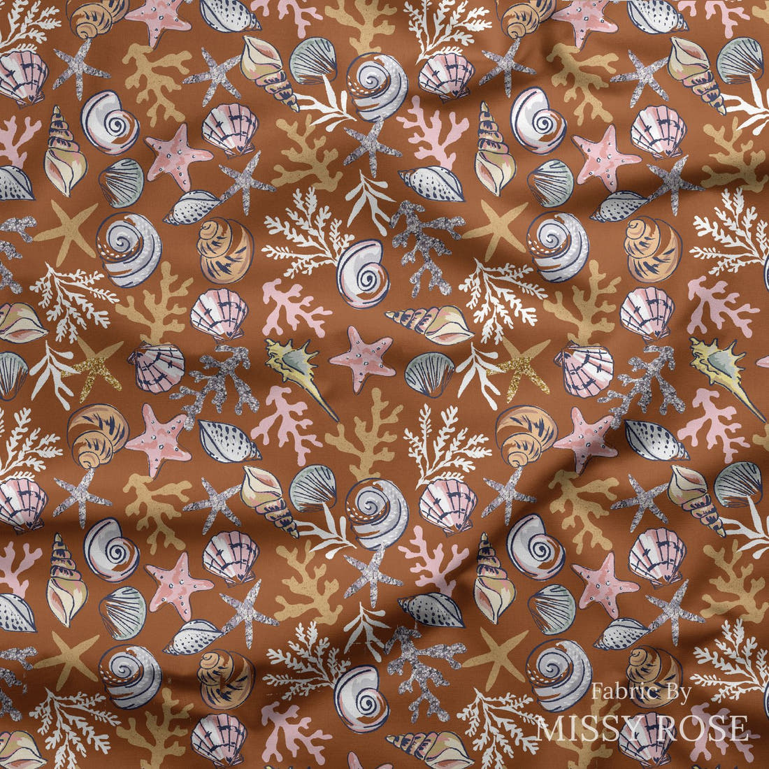 Design 847 Shells Fabric draped fabric mockup – custom printed fabric by the metre | Fabric by Missy Rose