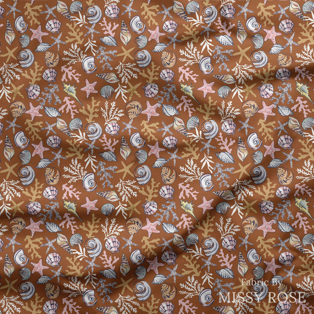 Design 847 Shells Fabric draped fabric mockup – custom printed fabric by the metre | Fabric by Missy Rose